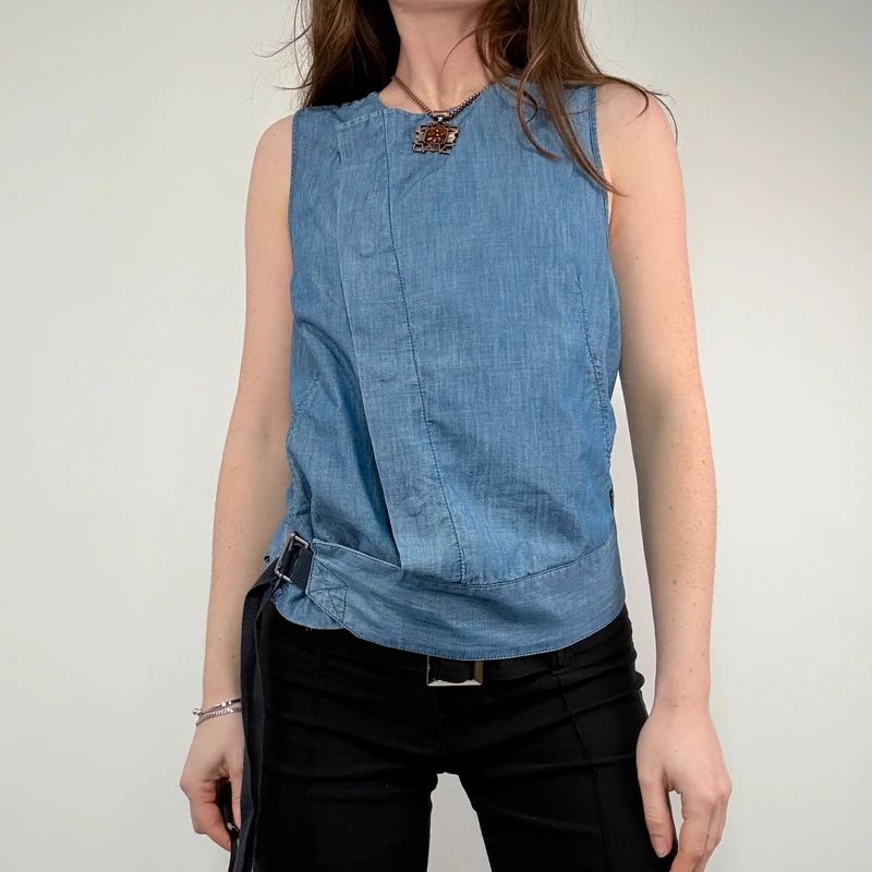 distressed denim asymmetric belted vest