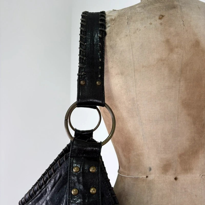 Black studded stitched slouchy shoulder bag
