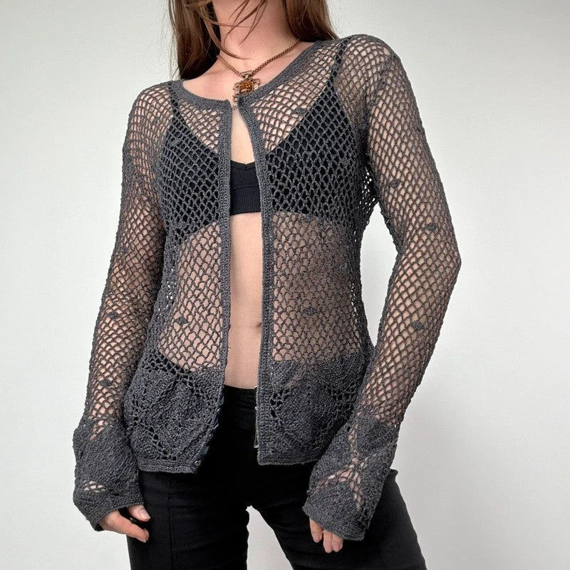 grey crochet sheer lace knit cardigan