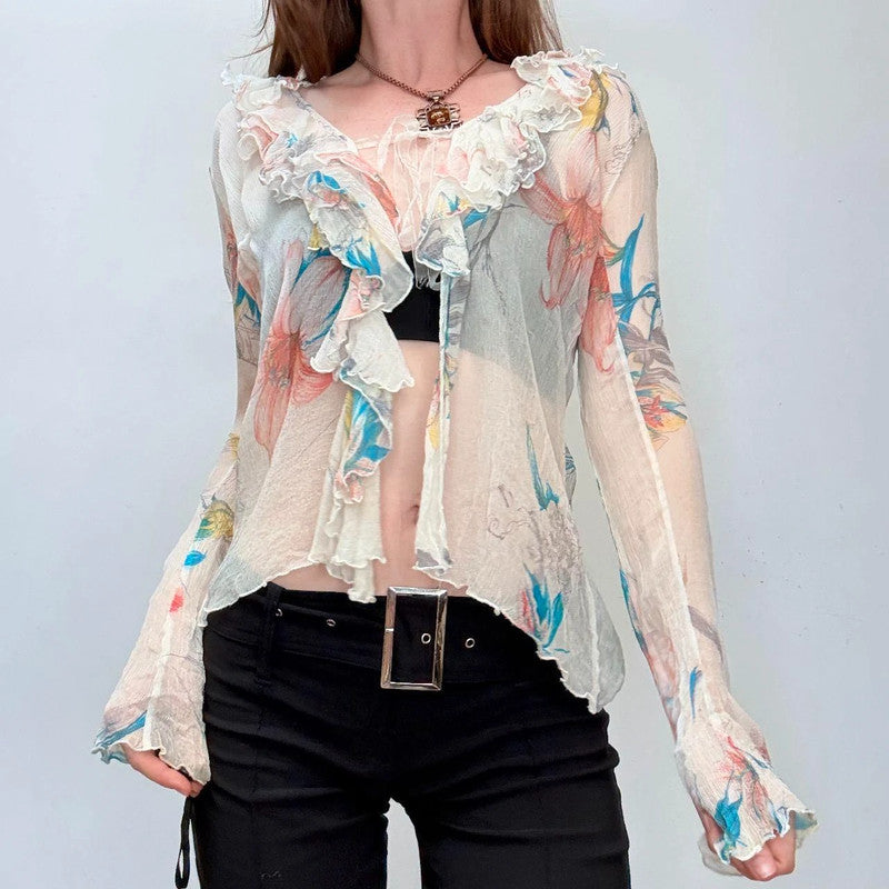 sheer crinkle silk flutter shirt