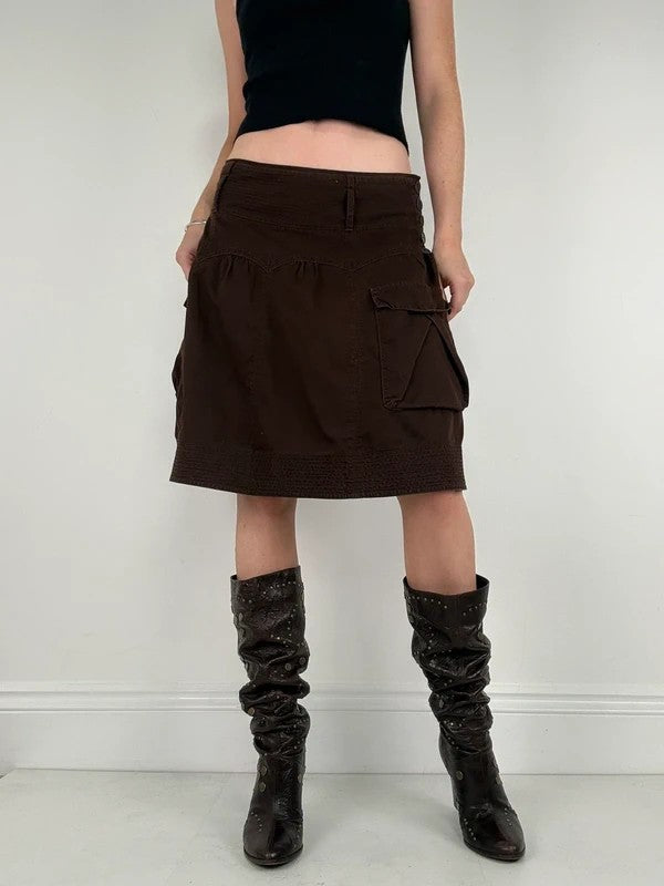 pleated brown cotton thick waistband drop waist puff midi skirt