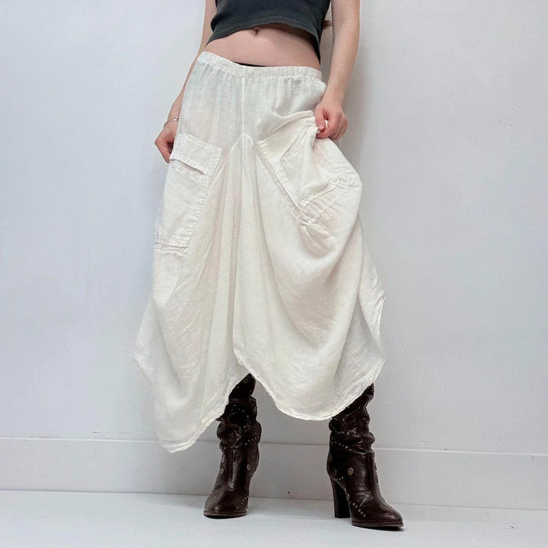 white linen draped puff maxi skirt