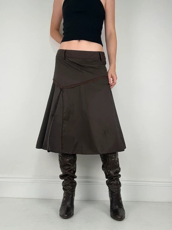 brown asymmetric waistband flared midi skirt