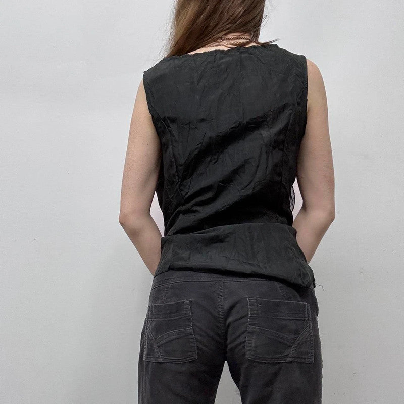 black crinkle layered flared vest
