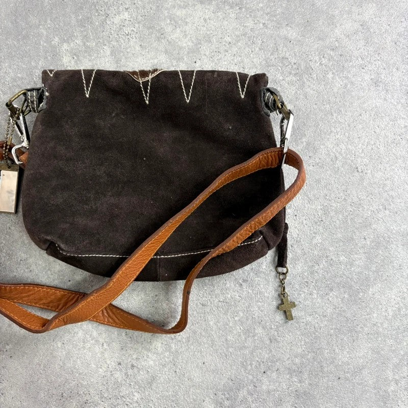 brown suede cowhide leather patchwork bag
