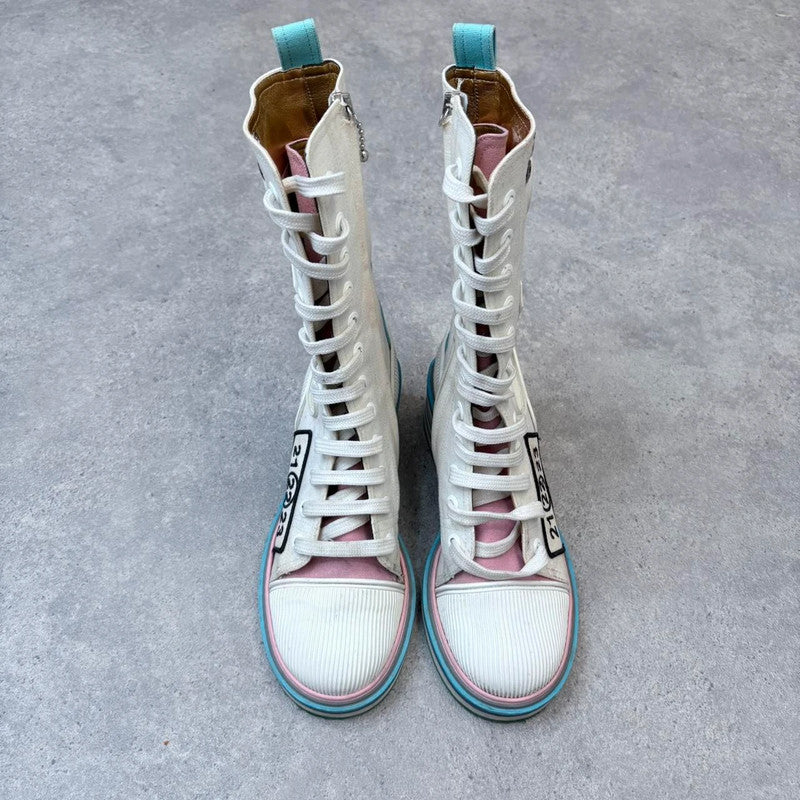 chunky patched cream lace-up margelia boots