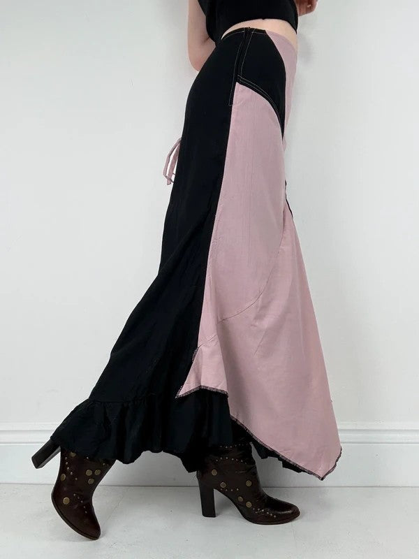 pink and navy gathered asymmetric flared maxi skirt