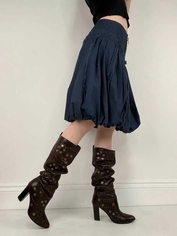 Puff parachute navy pleated midi flare skirt with zipper