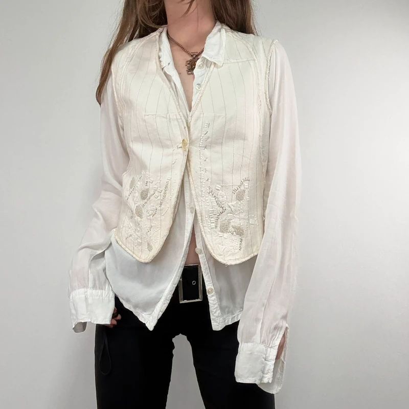 cream pinstripe Marithé + François Girbaud waistcoat vest