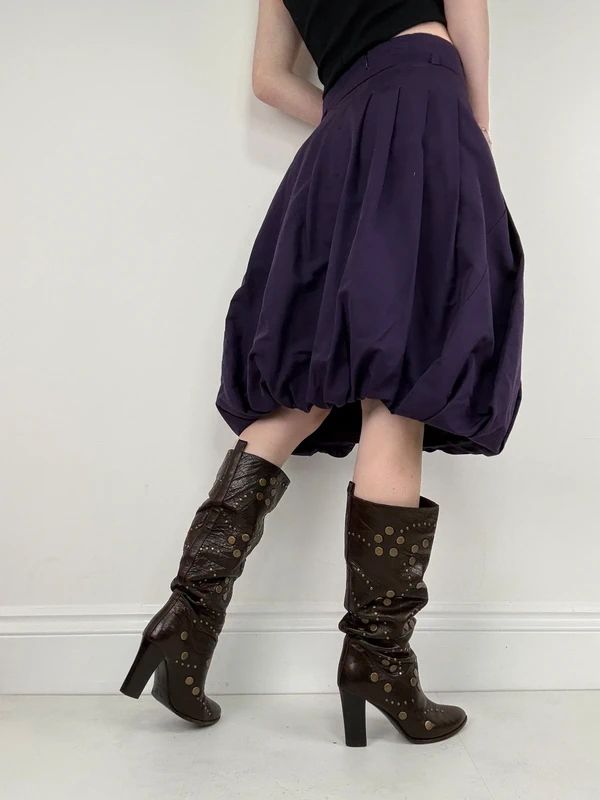 pleated puff balloon purple midi silk cotton skirt