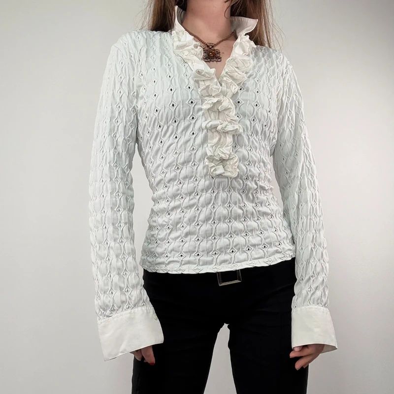 textured white fitted ruffle shirt