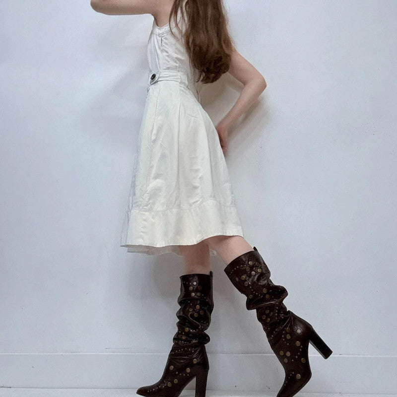 white flared button fitted midi dress