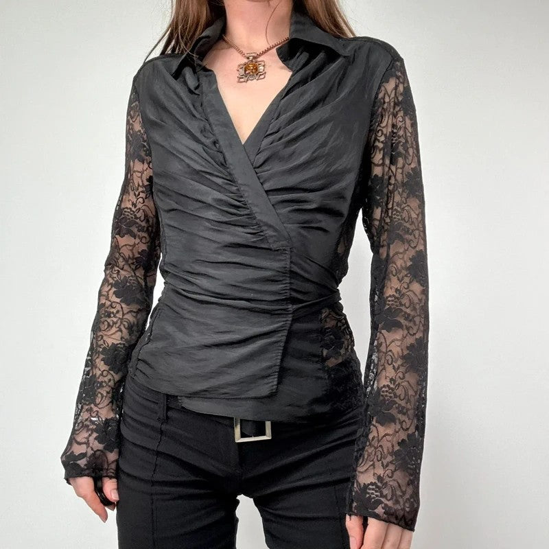 gathered lace wrap around shirt