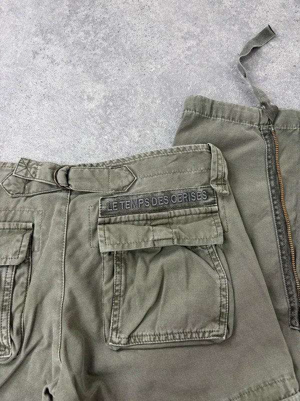 Low rise khaki flared cargo utility trousers