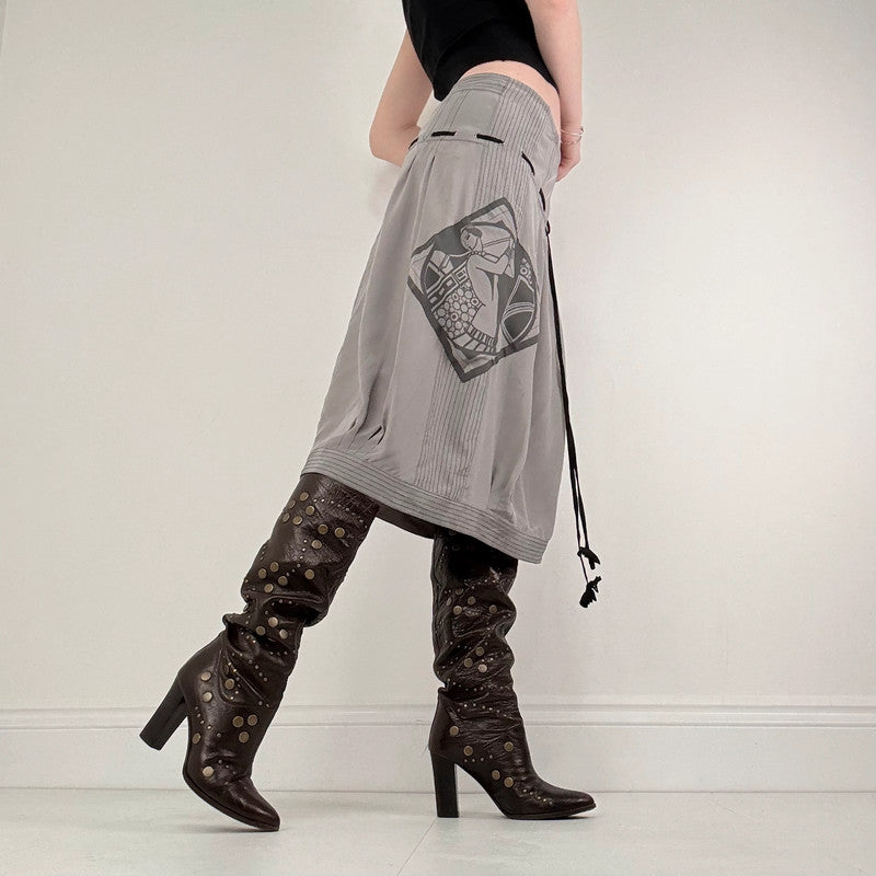 grey pleated puff graphic midi skirt