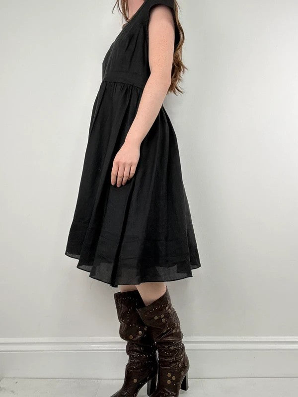 black pleated drop waist linen midi dress