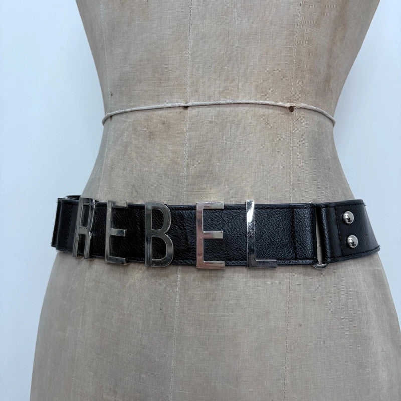 black faux leather silver spellout belt