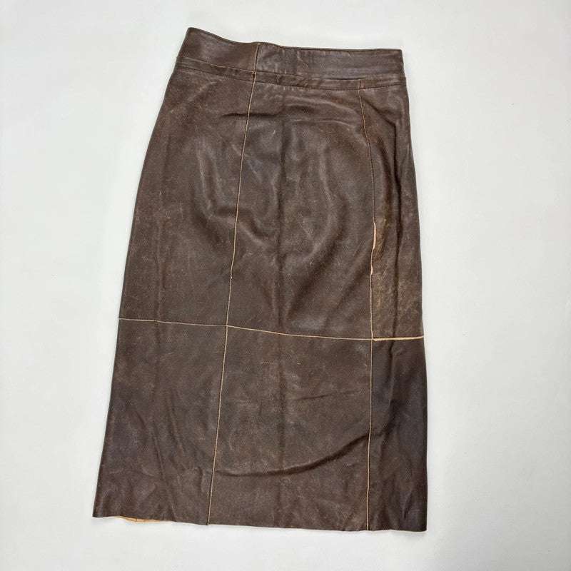 chocolate brown leather a-line midi skirt
