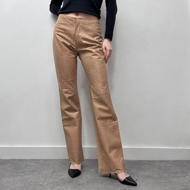tan leather flared trousers