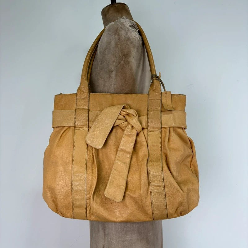 Cream yellow leather knot pleated handbag