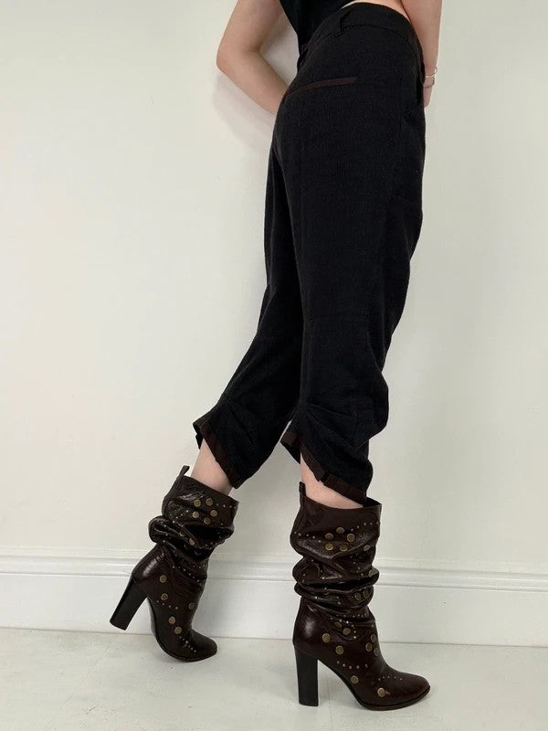 Pleated wool pinstripe capri grunge trousers