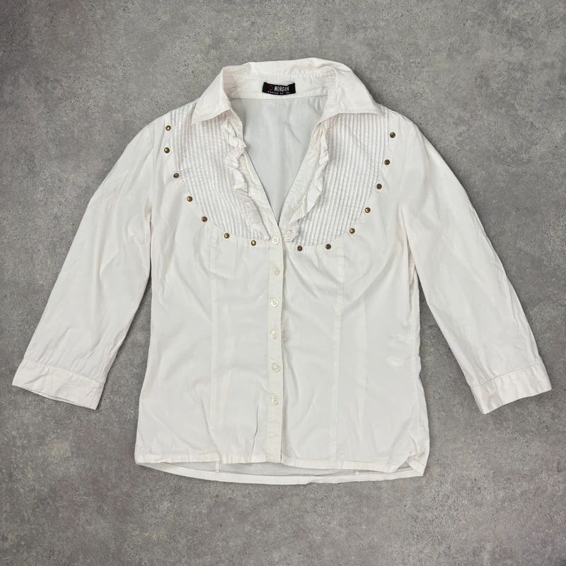 white pleated studded cotton napoleonic Morgan shirt