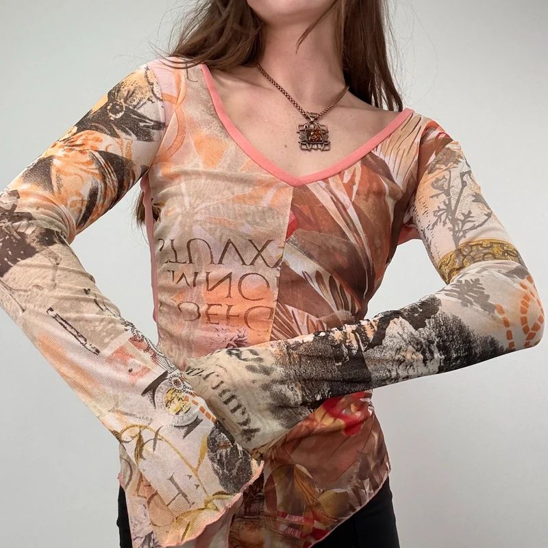 Graphic Mesh Printed Grunge Top