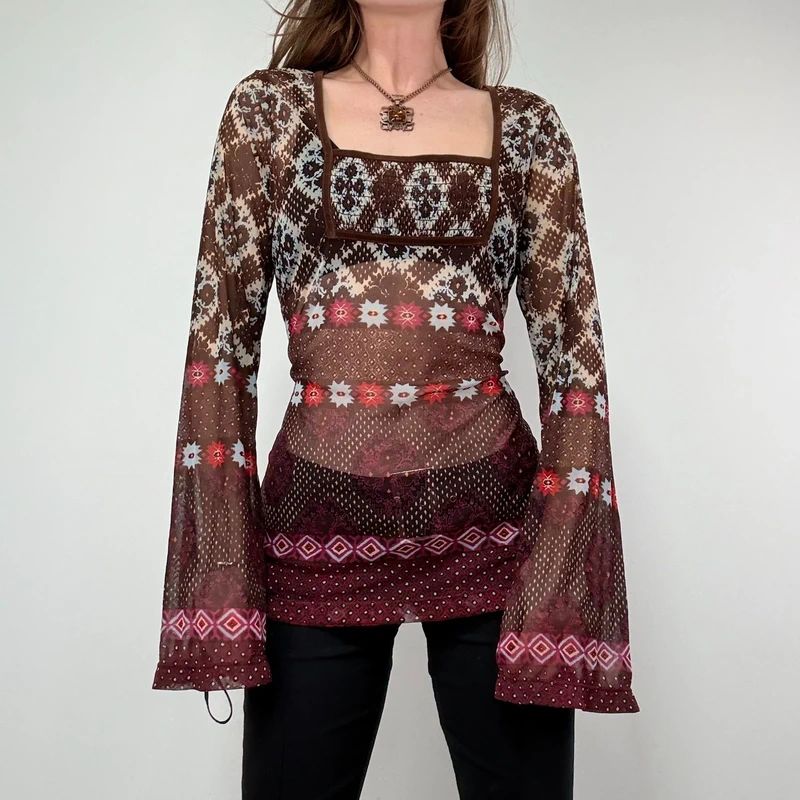 graphic printed boho western flared mesh shirt