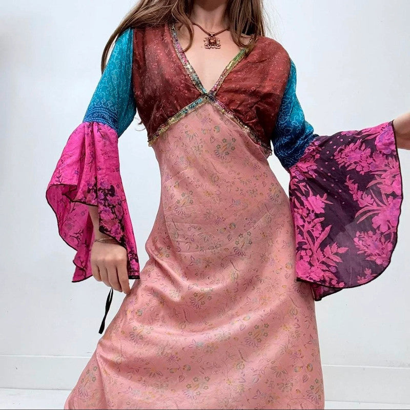 flared silk patchwork printed dress