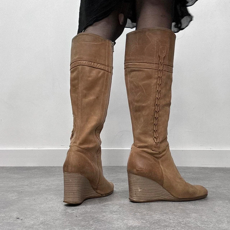 wedge heel tan leather boots