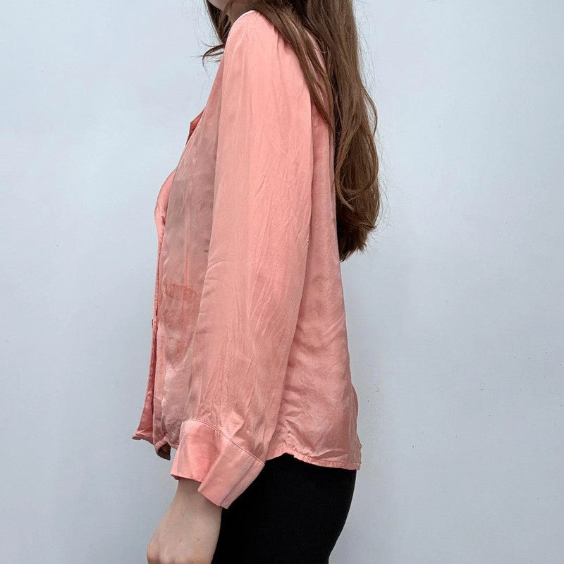 pink silky satin wrap button shirt