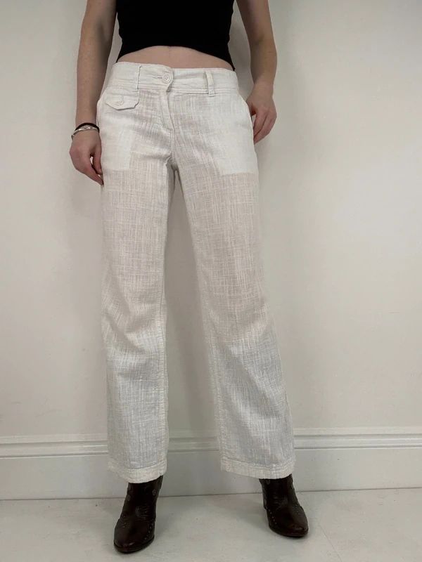 white linen wide leg low rise trousers