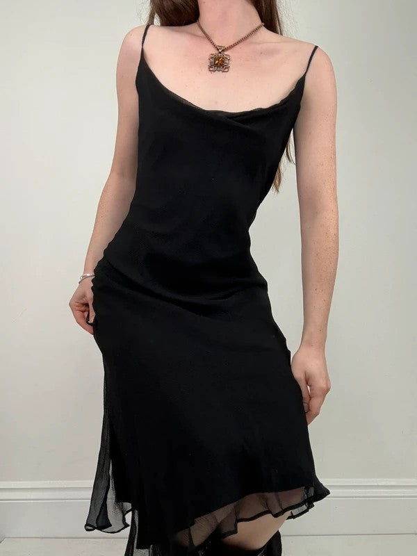 black silk bias cut layered flutter dress