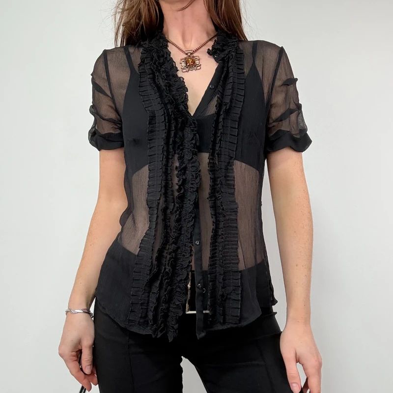 black sheer silk ruffle shirt with short sleeves