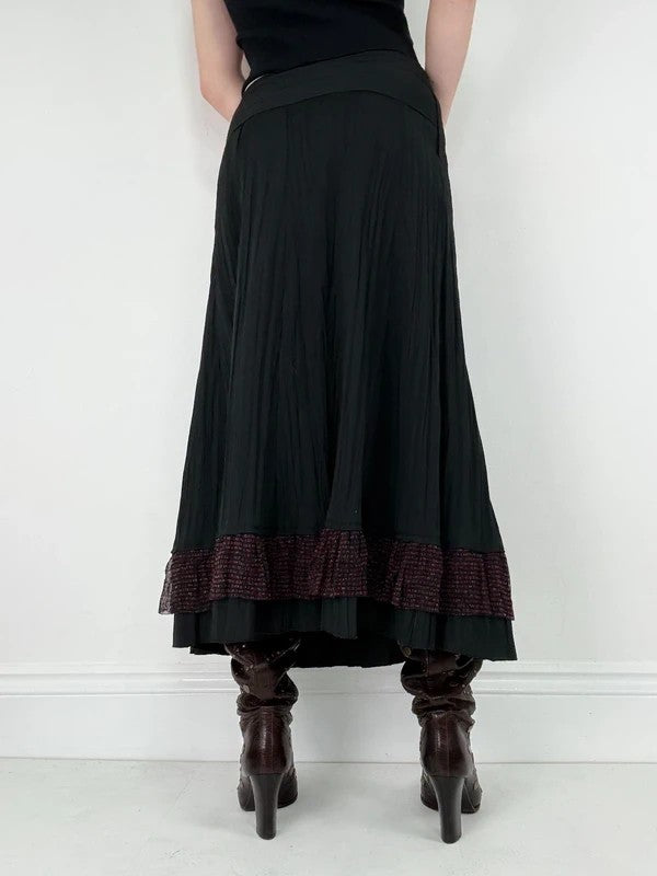 black crinkle flared pleated maxi skirt