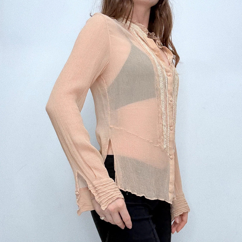 sheer crinkle silk lace blouse