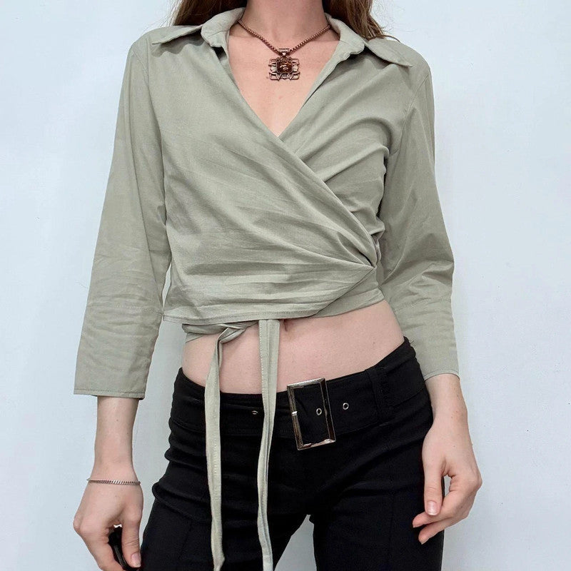 khaki green wrap cropped shirt