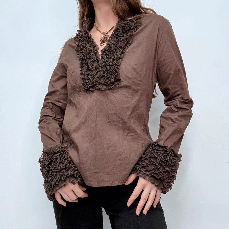 brown ruffle flared shirt