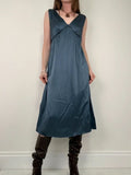 blue silk gathered floaty bias cut midi dress