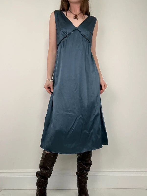 blue silk gathered floaty bias cut midi dress