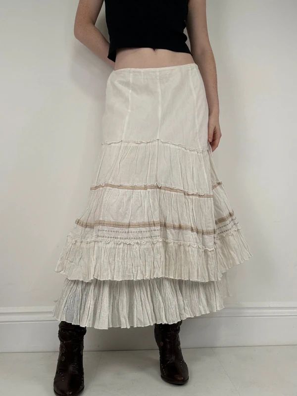 white pleated flared boho fairy maxi skirt
