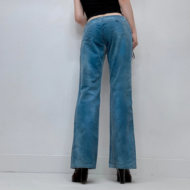 low-rise distressed blue crinkle jeans
