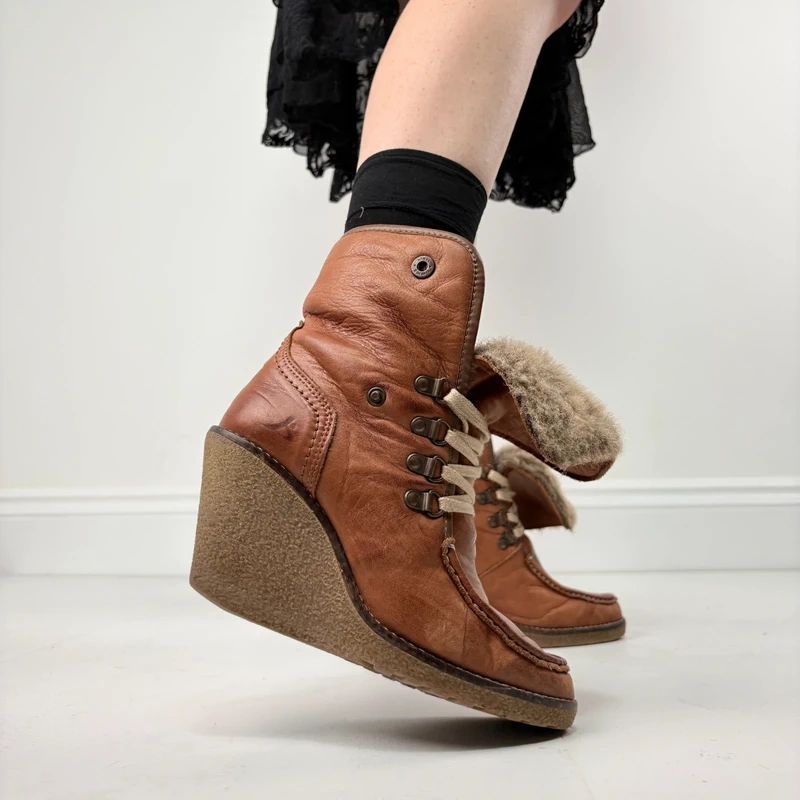 tan sheepskin leather wedge boots