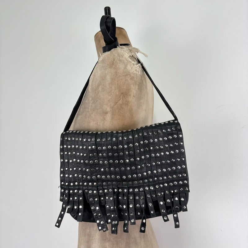 Black leather studded tassel crossbody bag
