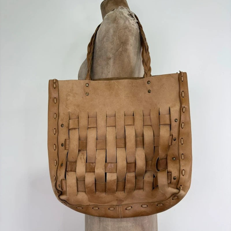 Beige leather woven distressed shoulder bag