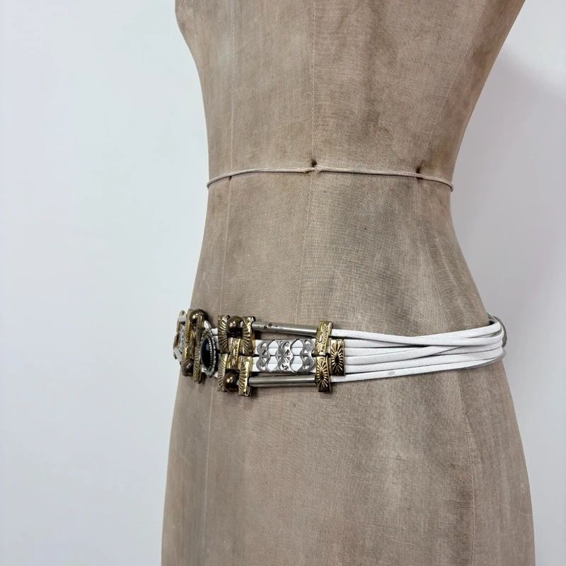 chunky metal boho white leather belt