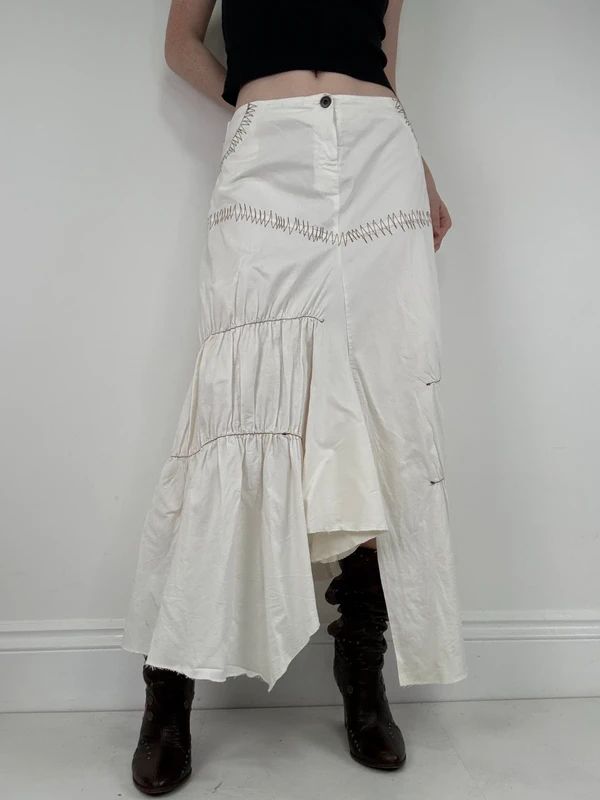 pleated white asymmetric flared maxi skirt