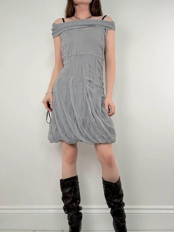 grey gathered slouchy puff midi dress