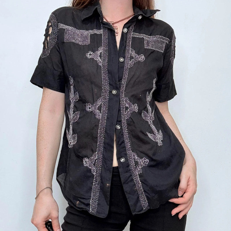 black embroidered stitched button shirt
