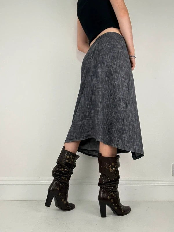 Pleated buckle front denim grunge midi skirt